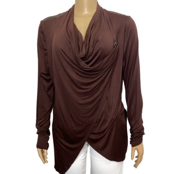 Patrizia Luca Blouse Asymmetrical Draped Cowl Neck Brown Zip detail size XL - Picture 10 of 17